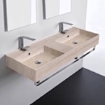 Scarabeo 5143-E-TB Beige Travertine Design Ceramic Wall Mounted Double Sink With Polished Chrome Towel Holder